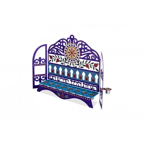 Dorit Judaica Window Menorah, Decorative Pomegranates and Swirls - For Candles