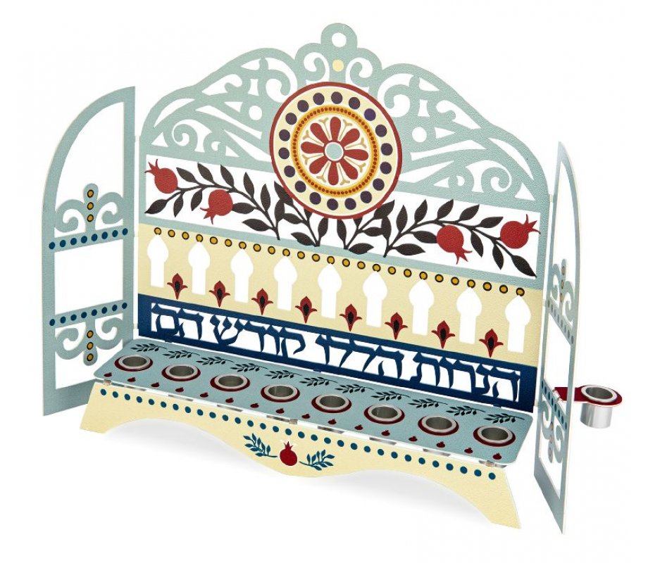 Dorit Judaica Window Menorah, Swirls Pomegranates and Hebrew Words – For Candles