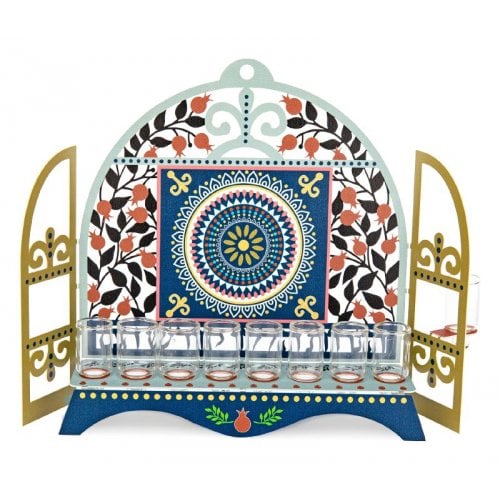 Dorit Judaica Window Menorah with Pomegranates and Hebrew Song Words - For Oil
