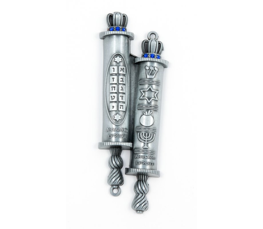 Double Mezuzah Case Design, Torah Scrolls with Judaica Signs - Silver