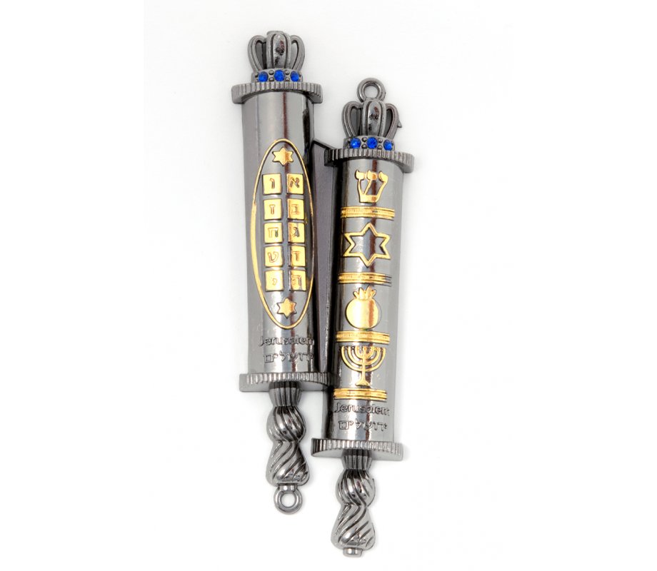 Double Mezuzah Case, Torah Scroll and Judaic Motifs & Blue Stones – Silver & Gold
