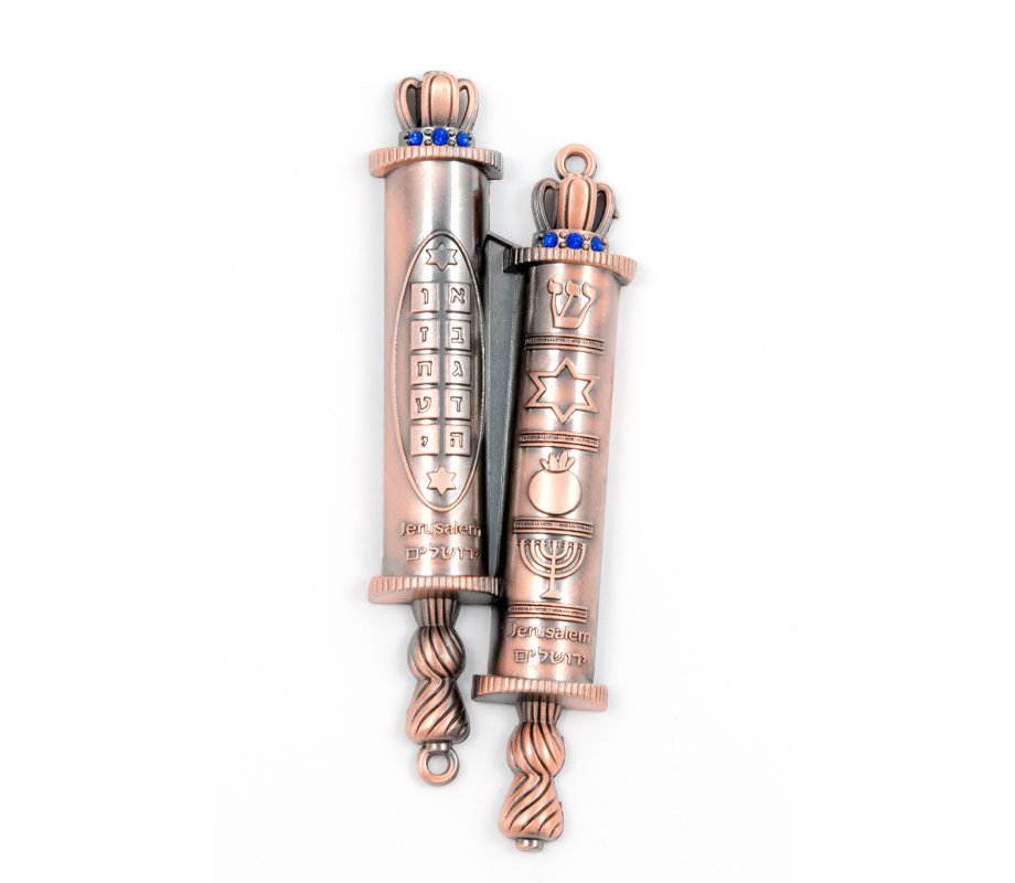 Double Mezuzah Case with Torah Scroll Design and Judaic Motifs - Bronze Color