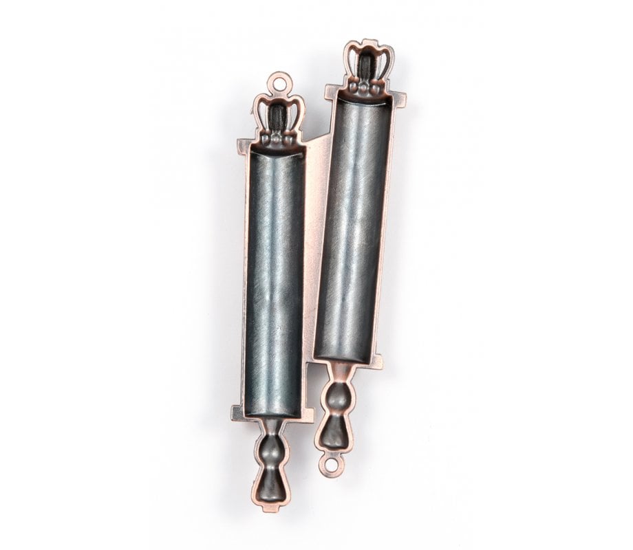 Double Mezuzah Case with Torah Scroll Design and Judaic Motifs - Bronze Color