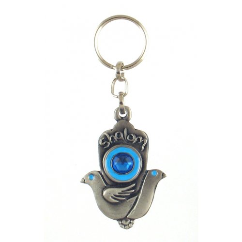 Doves of Peace Keychain with Decorative Blue Stones - Shalom in English