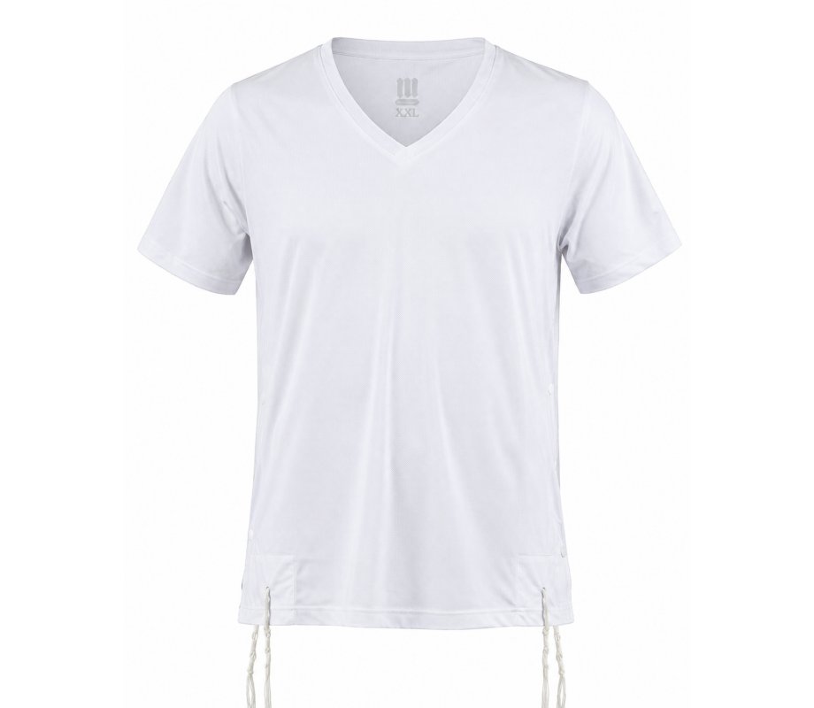 Dry-Fit Tzitzit T-Shirt V Neck with Kosher Tzitzis, White - Moisture-Wicking Athletic Shirt