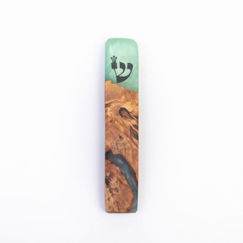 Eial Ovin Handmade Mezuzah Case, Natural Olive Wood and Epoxy - Ocean Turquoise