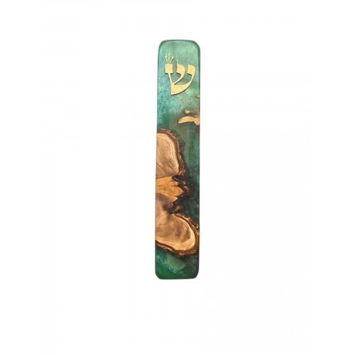 Eial Ovin Handmade Mezuzah Case, Natural Olive Wood and Epoxy - Ocean Turquoise