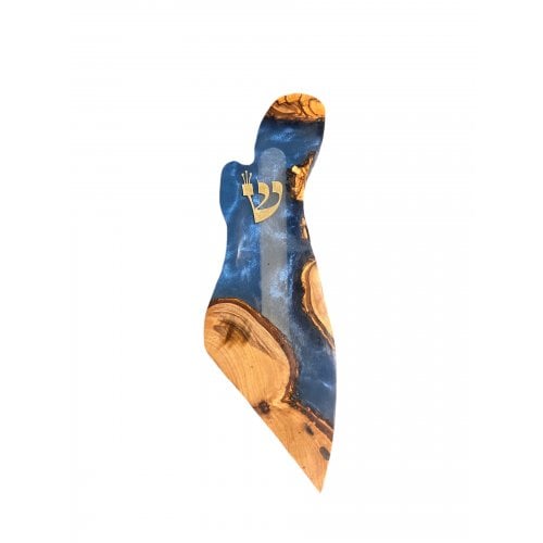 Eial Ovin, Olive Wood and Epoxy Mezuzah Case in Outline of Israel - Dark Blue