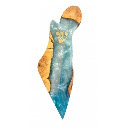 Eial Ovin, Olive Wood and Epoxy Mezuzah Case in Outline of Israel - Ocean Blue
