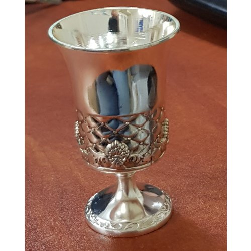 Eight Decorative Small Kiddush Cups with Matching Circular Tray - Silver Plate