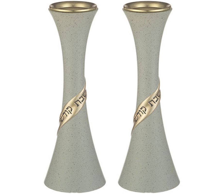 Elegant Gray Polyresin Candlesticks - Shabbat Kodesh Design
