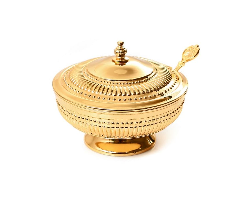 Elegant Regency Inspired Raised Honey Dish with Lid and Spoon - Gold