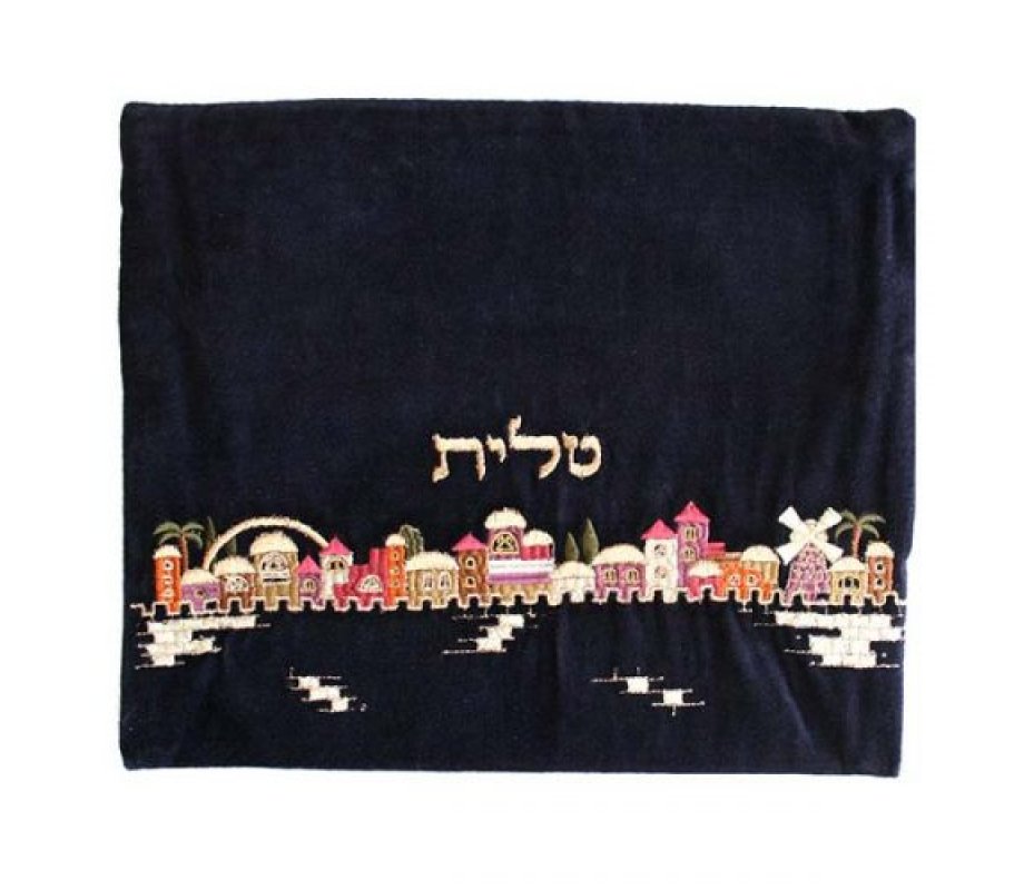 Emanuel Velvet Tallit and Tefillin Bag - Embroidered Jerusalem Images (Sold Separately)