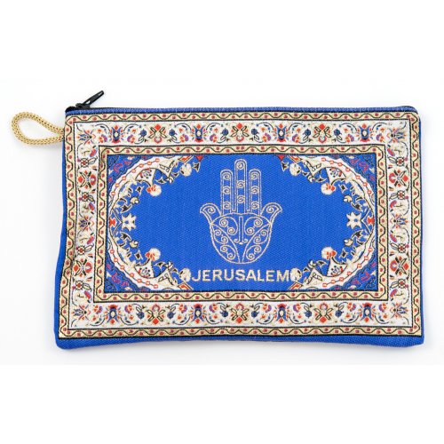 Embroidered Fabric Purse, Blue Hamsa with Oriental Design – Choice of Sizes