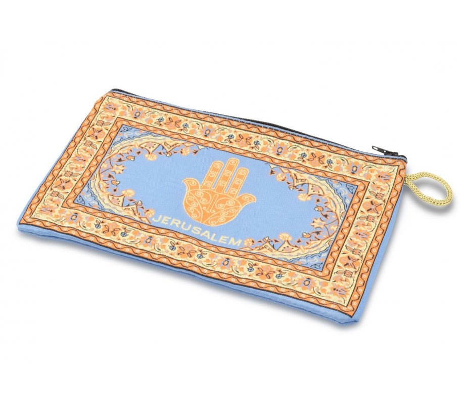 Embroidered Fabric Purse, Gold and Blue, Framed Jerusalem Hamsa