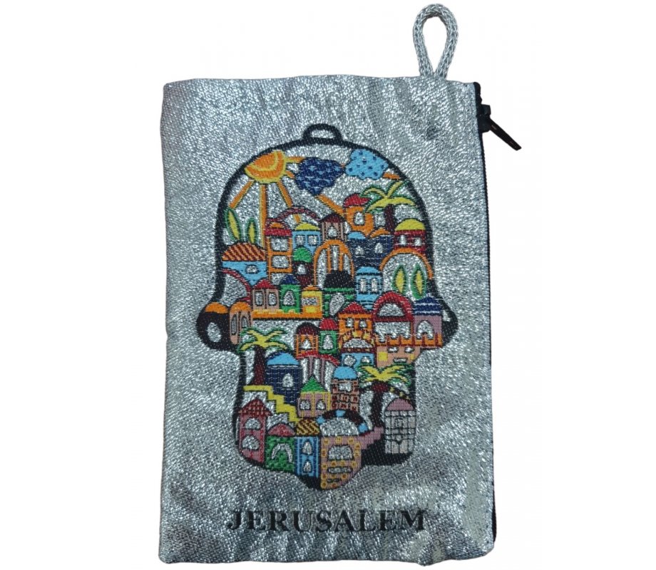 Embroidered Jerusalem Fabric Purse-Wallet - Glittery Hamsa with Jerusalem Design