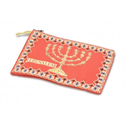 Embroidered Large Fabric Purse, Seven Branch Menorah – Red