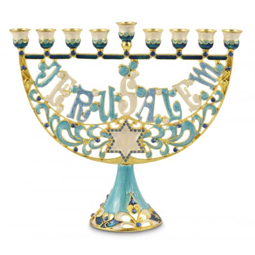 Enamel Menorah Star of David & Jerusalem, Gold and Light Blue - For Decoration