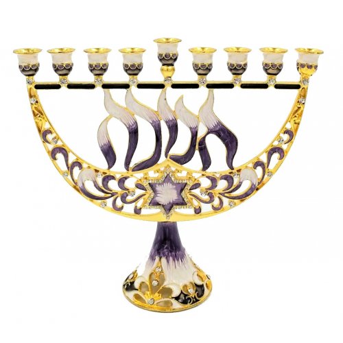 Enamel Menorah with Star of David & Chanukah, Gold and Purple - For Decoration