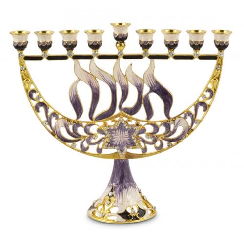 Enamel Menorah with Star of David & Chanukah, Gold and Purple - For Decoration