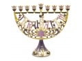 Enamel Menorah with Star of David & Jerusalem, Gold and Purple - For Decoration