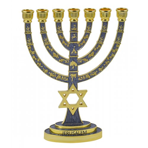 Enamel Plated 7-Branch Menorah with Gold Judaic Decorations - Gray
