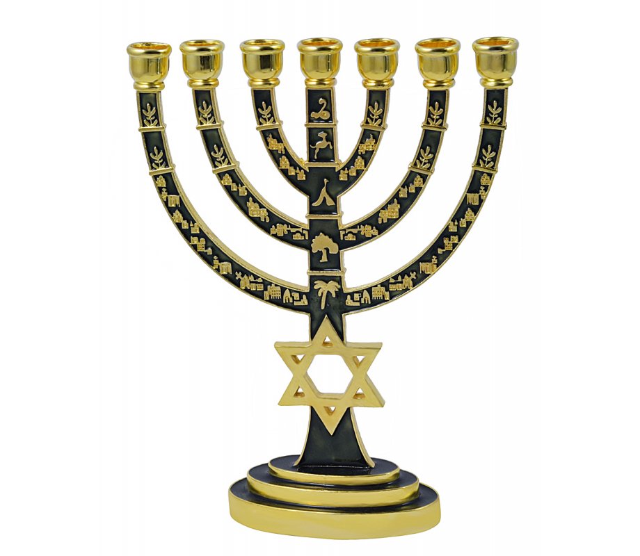 Enamel Plated 7Branch Menorah with Gold Judaic Decorations Green