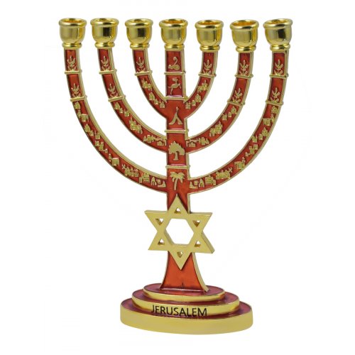 Enamel Plated 7-Branch Menorah with Gold Judaic Decorations - Red