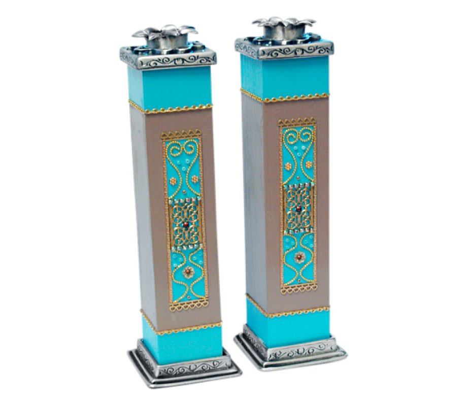 Ester Shahaf Turquoise Wood-Pewter Candlesticks