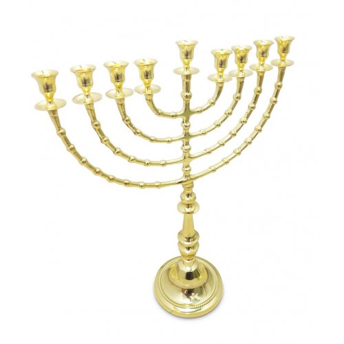 Extra Large Gleaming Gold Color Chanukah Menorah, Beaded Design - 22 Inches