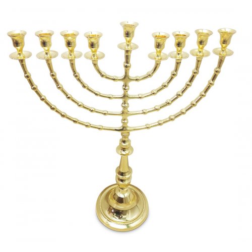 Extra Large Gleaming Gold Color Chanukah Menorah, Beaded Design - 22 Inches