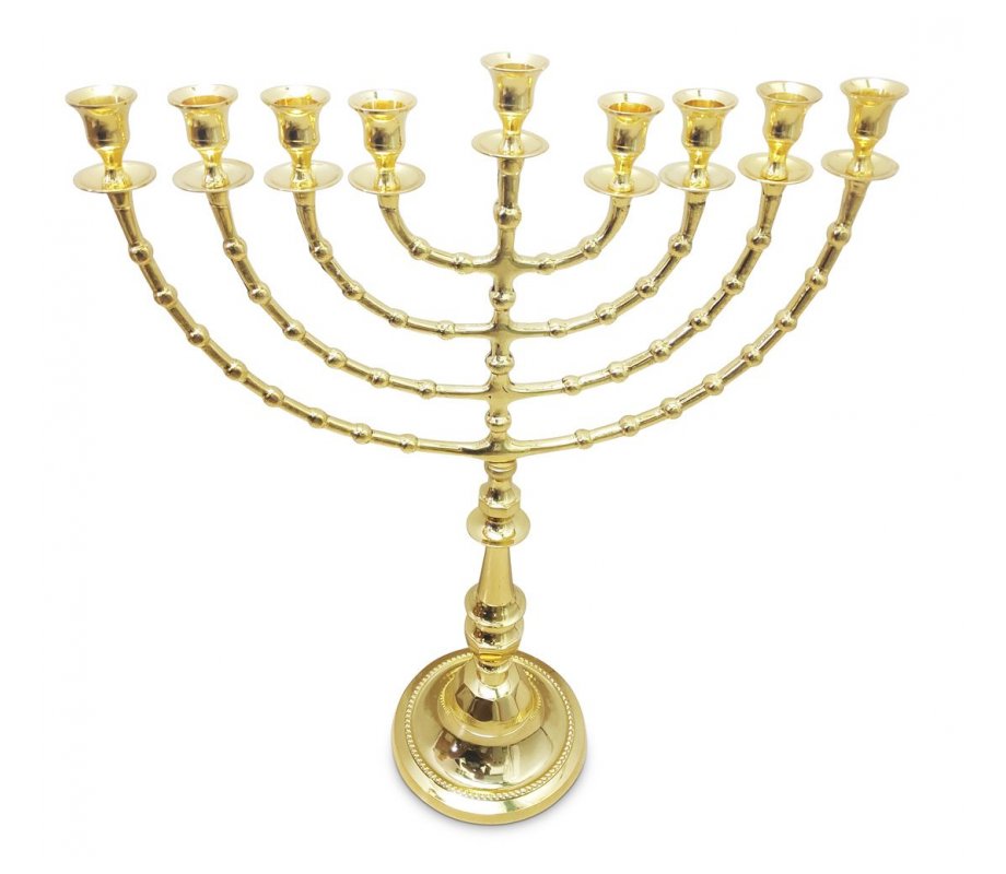 Extra Large Gleaming Gold Color Chanukah Menorah, Beaded Design - 22 Inches