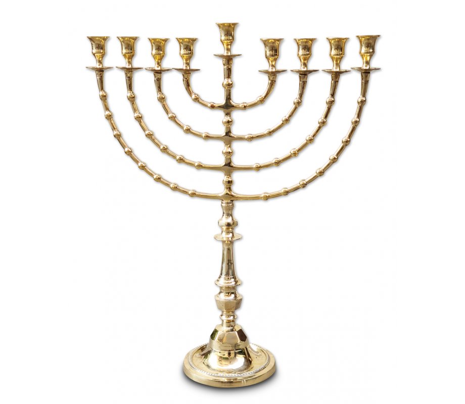 Extra Large Gold Brass Chanukah Menorah, Beaded Design - 22 Inches