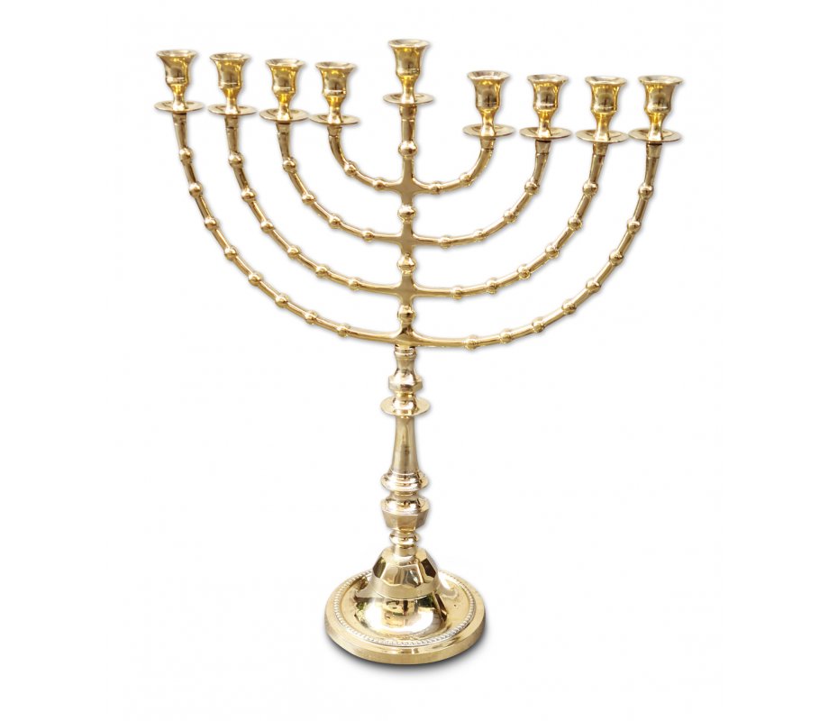 Extra Large Gold Brass Chanukah Menorah, Beaded Design - 22 Inches
