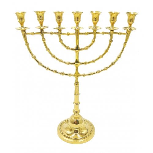 Extra Large Seven Branch Menorah on Stem, Gleaming Gold Colored Brass - 18