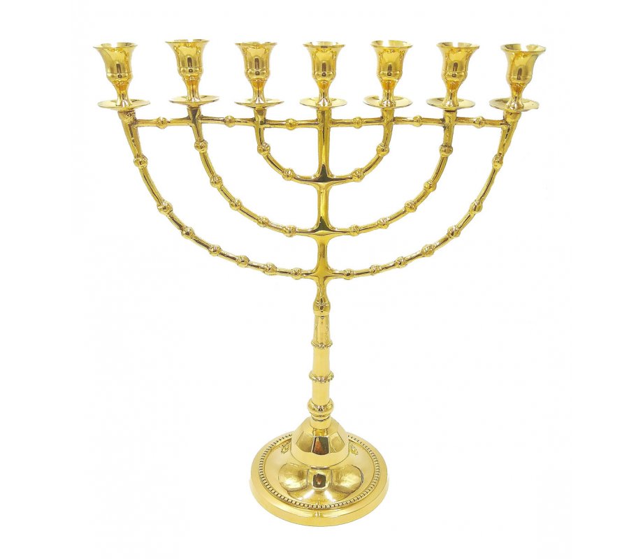 Extra Large Seven Branch Menorah on Stem, Gleaming Gold Colored Brass - 18“