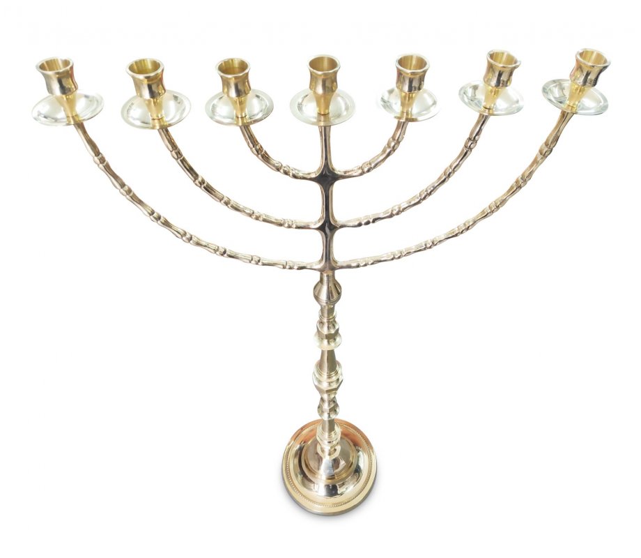 Extra Large Seven Branch Menorah on Stem, Gold Brass - 32