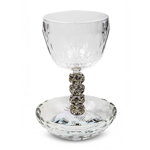 Faceted Glass Kiddush Cup and Tray Decorated with Gold and Silver Crystal Beads