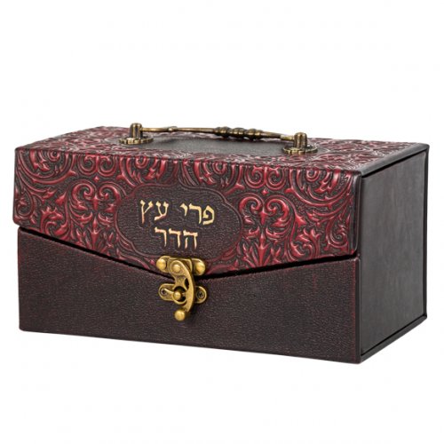 Faux Leather Decorated Brown Chest Etrog Box with Clasp lock - Hebrew wording