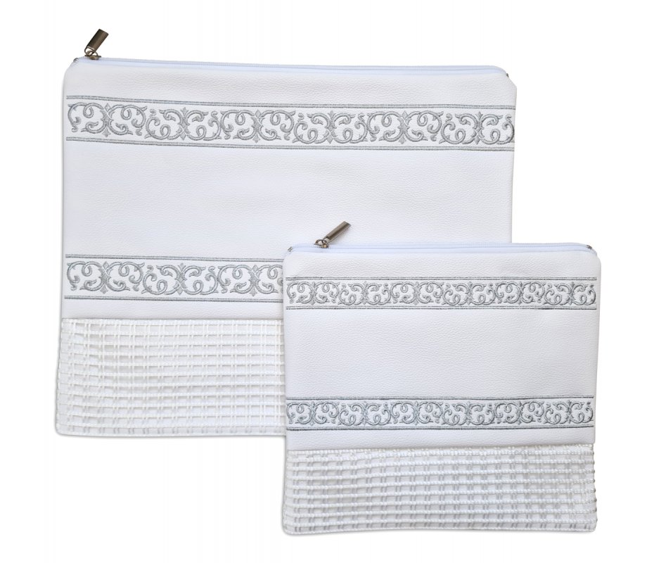 Faux Leather Off-White Tallit and Tefillin Bag Set - Silver Embroidered Bands