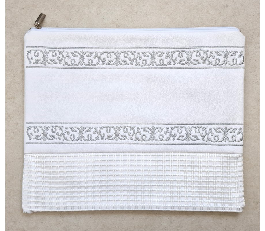 Faux Leather Off-White Tallit and Tefillin Bag Set - Silver Embroidered Bands