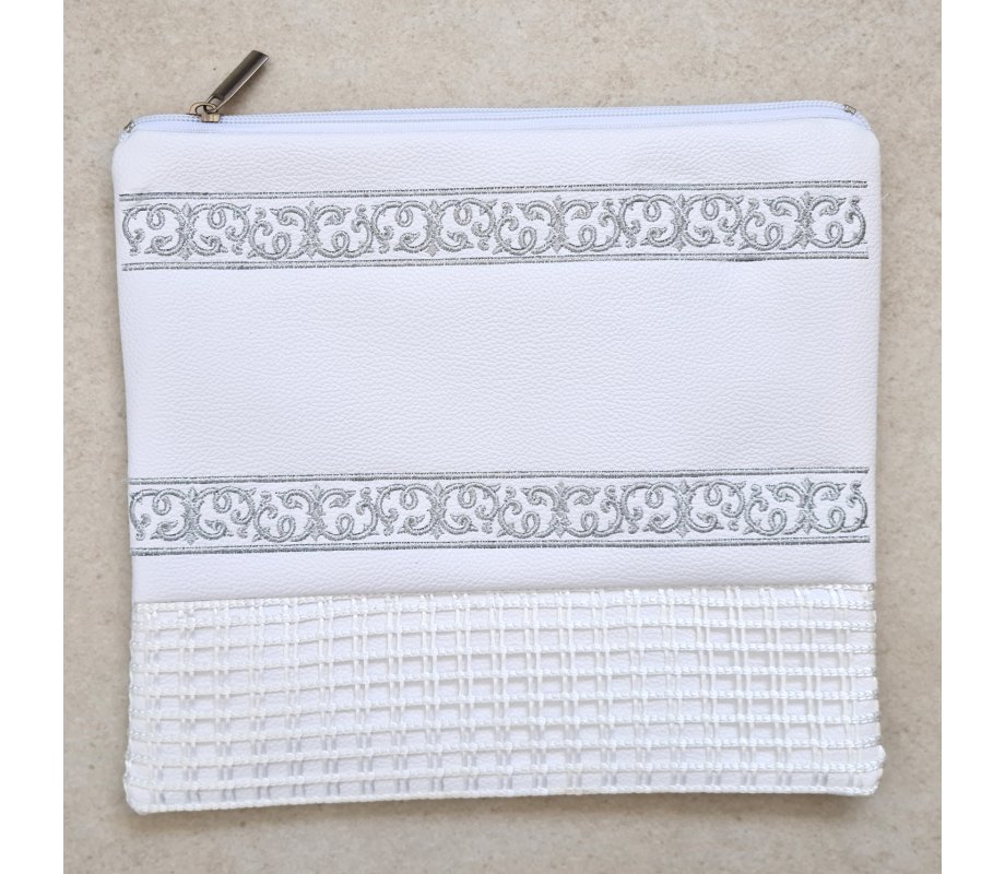 Faux Leather Off-White Tallit and Tefillin Bag Set - Silver Embroidered Bands