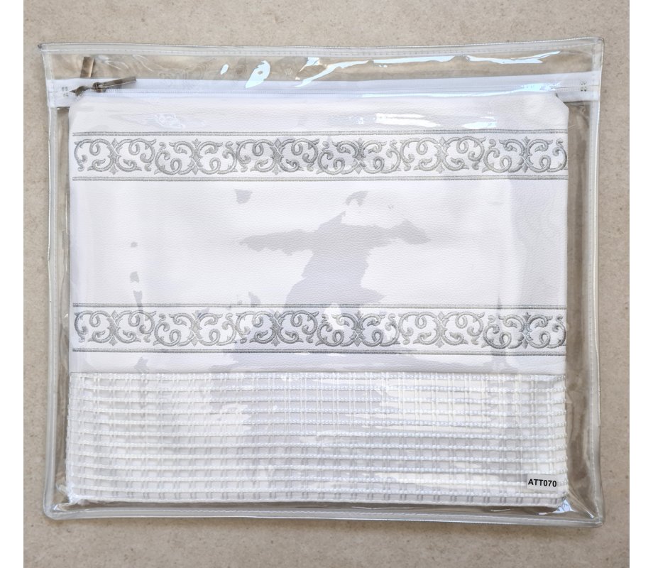 Faux Leather Off-White Tallit and Tefillin Bag Set - Silver Embroidered Bands