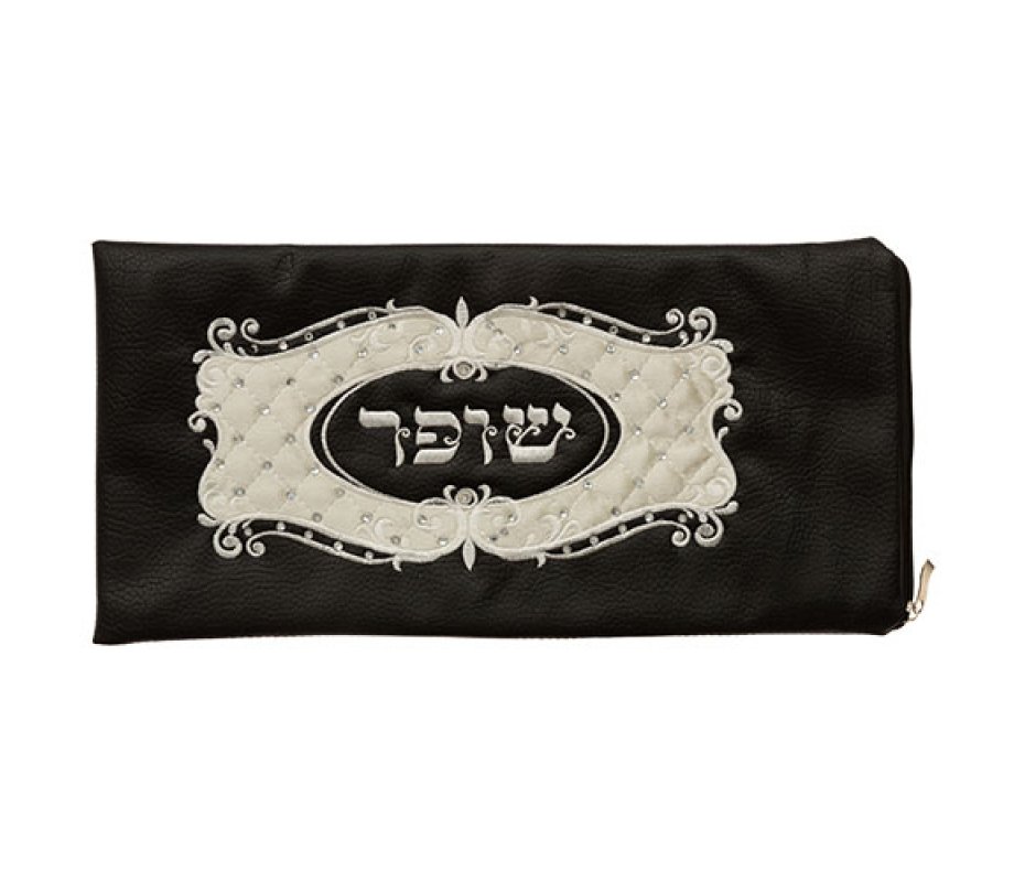 Faux Leather Rams Horn Shofar Pouch, Black – Embroidered White Velvet & Crystals
