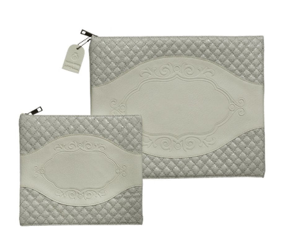 Faux Leather Tallit and Tefillin Bag Set - Two Tone Off White and Gray