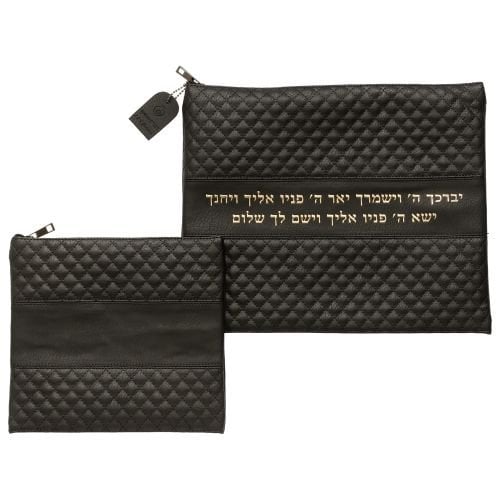Faux Leather Tallit and Tefillin Bag Set - Black with Kohen's Blessing in Gold
