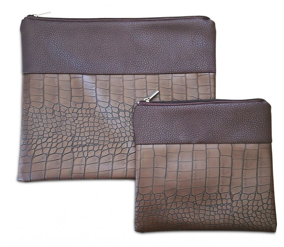Faux Leather Tallit and Tefillin Bag Set, Chocolate Brown - Crocodile Design