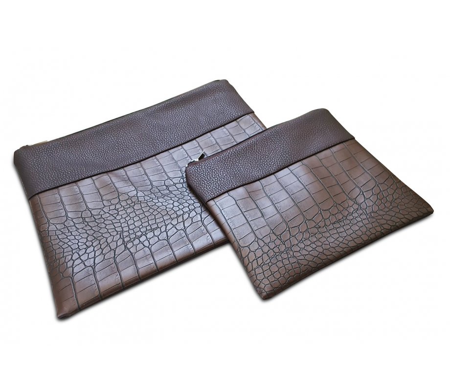 Faux Leather Tallit and Tefillin Bag Set, Chocolate Brown - Crocodile Design