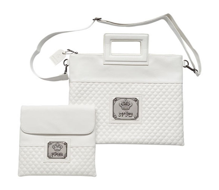 Judaica Faux Leather Tallit and Tefillin Bag Set, Crown Motif and Shoulder Strap – White
