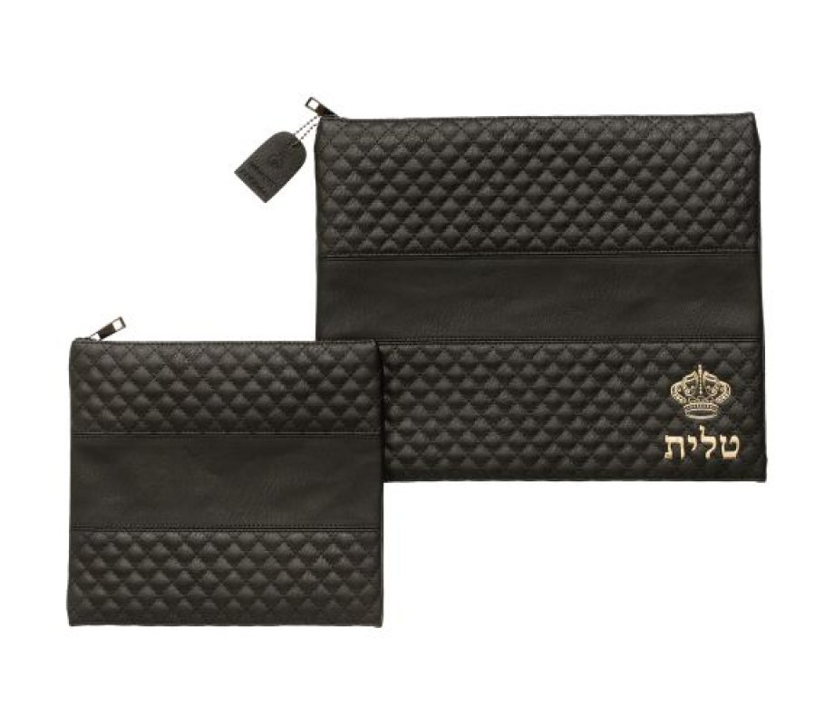 Faux Leather Tallit and Tefillin Bag Set, Gold Crown Design - Black